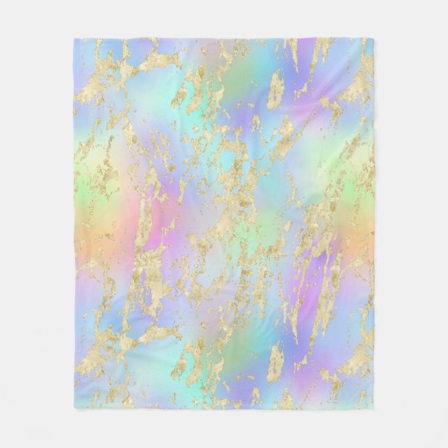 Modern Rainbow Gradient and Gold Marble Pattern Fleece Blanket (Front)