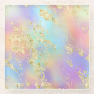 Modern Rainbow Gradient and Gold Marble Pattern Glass Coaster
