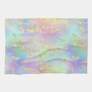 Modern Rainbow Gradient and Gold Marble Pattern Kitchen Towel