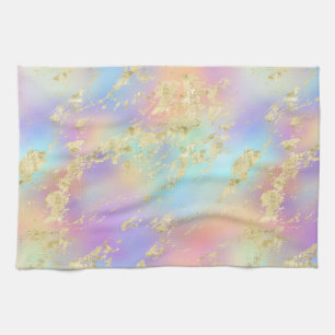 Modern Rainbow Gradient and Gold Marble Pattern Kitchen Towel