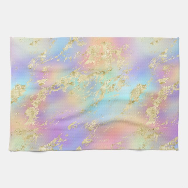 Modern Rainbow Gradient and Gold Marble Pattern Kitchen Towel (Horizontal)