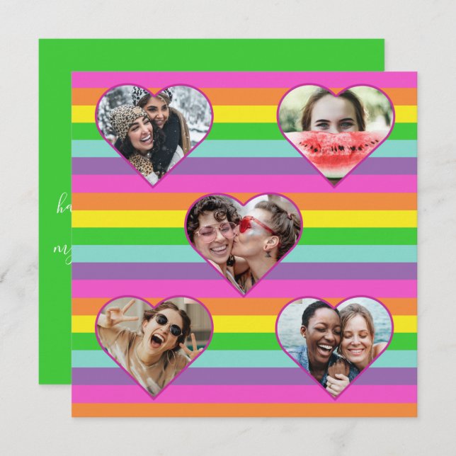 Modern Rainbow Heart 5 Photo Script Monogram  Hol Holiday Card (Front/Back)