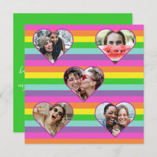 Modern Rainbow Heart 5 Photo Script Monogram  Hol Holiday Card