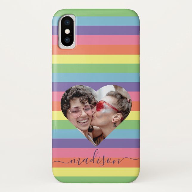  Modern Rainbow Heart Photo Script Name Monogram Case-Mate iPhone Case (Back)