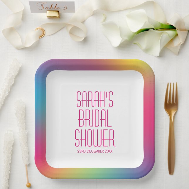 Modern Rainbow Holographic Gradient Bridal Shower Paper Plate (Wedding)