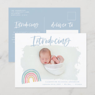 Modern rainbow introducing photo birth announcement postcard