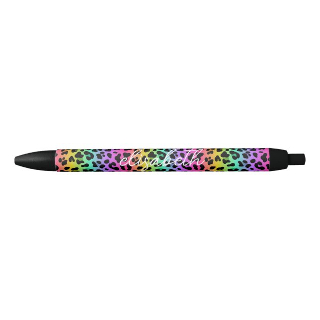 Modern Rainbow Leopard Skin Pattern Monogram Black Ink Pen (Front)