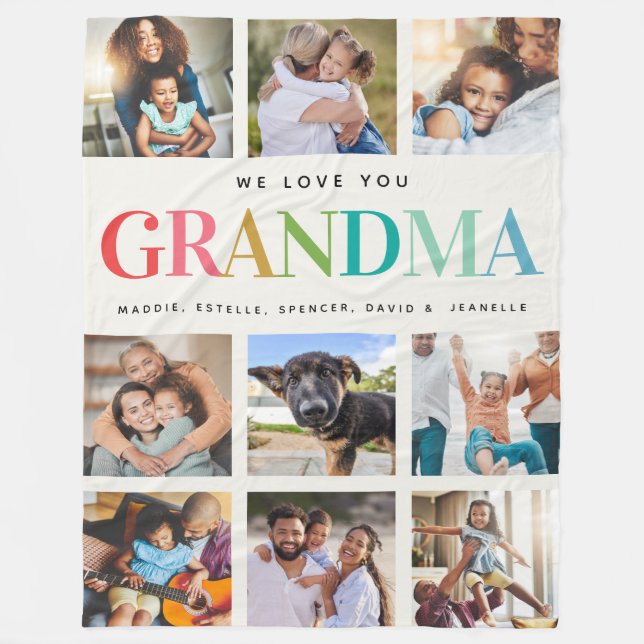 Modern Rainbow Love Grandma Photo Collage Family Fleece Blanket (Front)