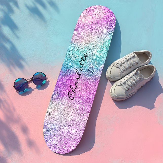 Modern rainbow nebula sparkles girly glitter name skateboard (Modern rainbow nebula sparkles girly glitter name skateboard)
