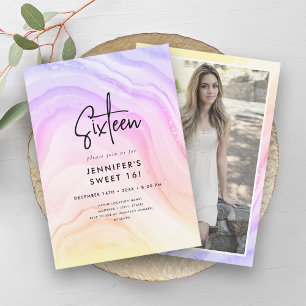 Modern Rainbow Ombre Marble Photo Sweet 16 Invitation