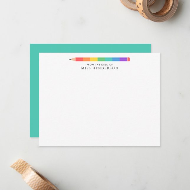 Modern Rainbow Pencil Custom Teacher's  Card (Front/Back In Situ)
