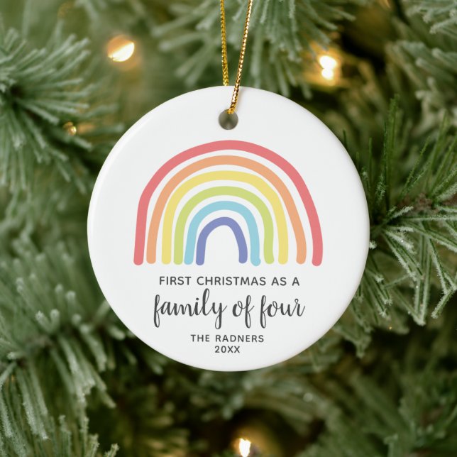 Modern Rainbow Personalized 1st Xmas Family of 4 Ceramic Ornament (Tree)