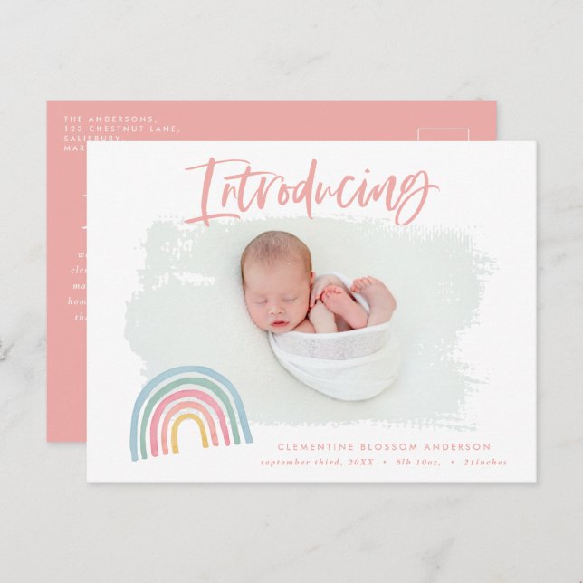 Modern rainbow pink girly introducing photo birth announcement postcard (Front/Back)