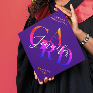  Modern Rainbow Purple Modern Script Name School Graduation Cap Topper