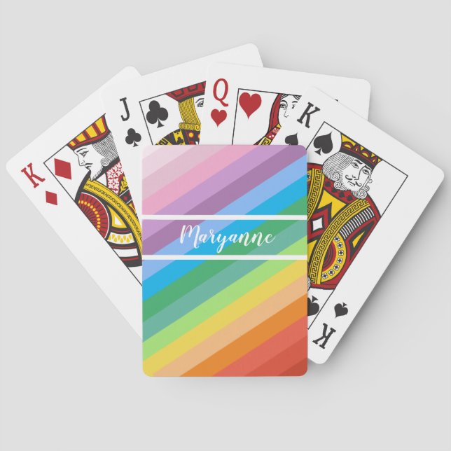 Modern Rainbow Stripes Add Name Script Playing Cards (Back)