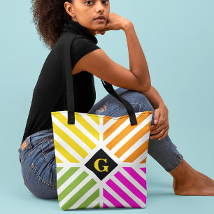 Modern Rainbow Stripes Initial Tote Bag