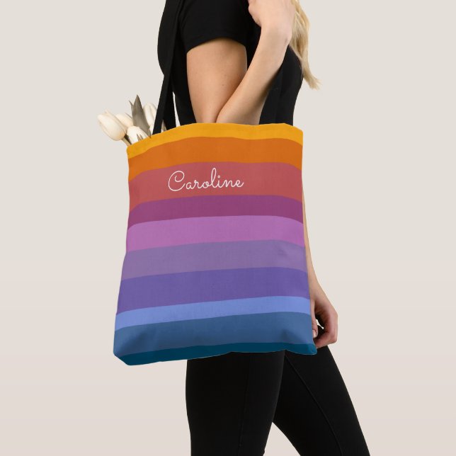 Modern Rainbow Stripes Personalized Name inScript  Tote Bag (Close Up)