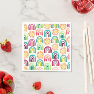 Modern Rainbow & Suns 1st Birthday Watercolor Napkin