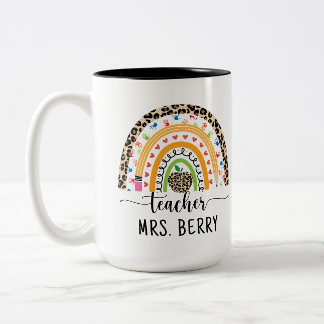Modern Rainbow Teacher Add Your Name Two-Tone Coffee Mug (Left)