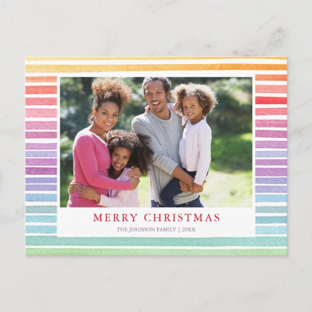Modern Rainbow Watercolor Stripes Photo Holiday Postcard (Front)
