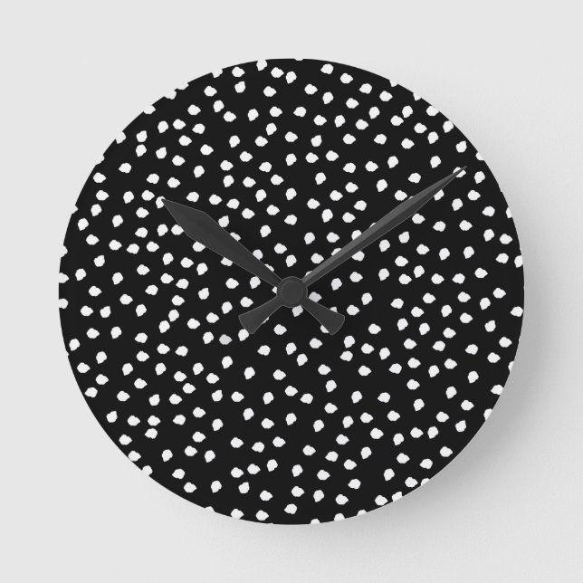 Modern Random Polka Dot Pattern Black and White Round Clock (Front)
