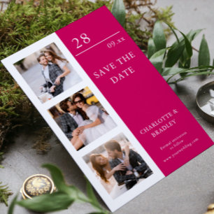 Modern Raspberry Four Photo Wedding Collage Save The Date