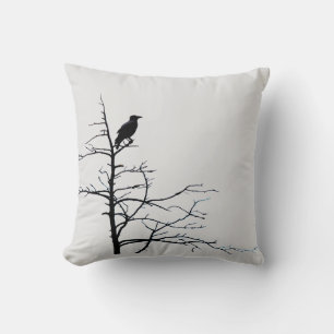 Modern Raven Black Bird Tree Nature Black White Throw Pillow