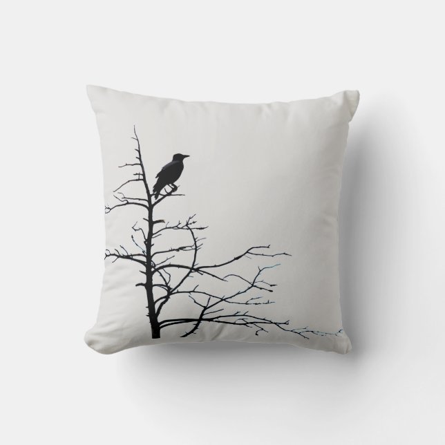 Modern Raven Black Bird Tree Nature Black White Throw Pillow (Front)