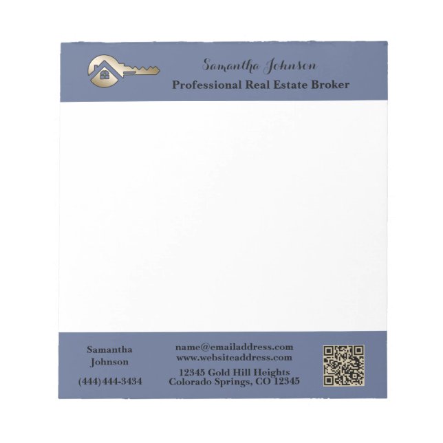 Modern Real Estate Agent Gold House Key QR Code  Notepad (Front)