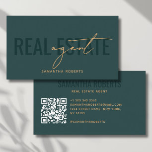 Modern real estate agent QR Code green Business Card