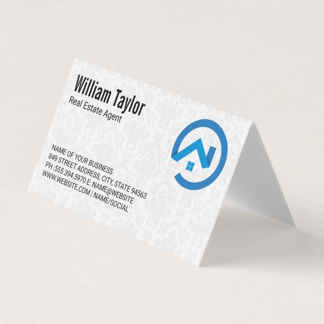 Modern Real Estate Blue Logo | Damask Pattern Business Card (Front)