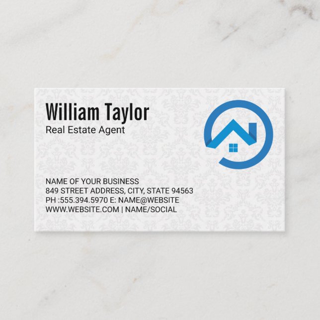 Modern Real Estate Blue Logo | Damask Pattern Business Card (Front)