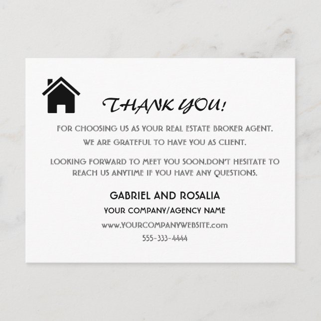 Modern Real Estate Broker Agent Customer Thank You Postcard (Front)