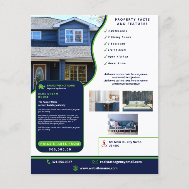 Modern Real Estate Navy Blue and Green Customized Flyer (Front)