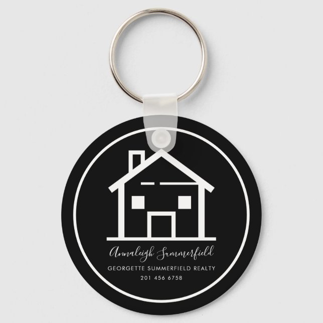 Modern Real Estate White Black Custom House Keychain (Front)