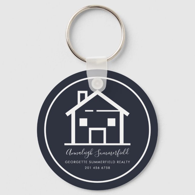 Modern Real Estate White Navy Blue Custom House Keychain (Front)