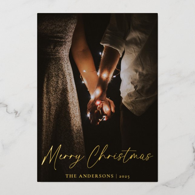 Modern Real Foil Script Merry Christmas Holiday Card (Front)