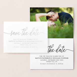 Modern REAL FOIL Script Save The Date Silver Foil Card