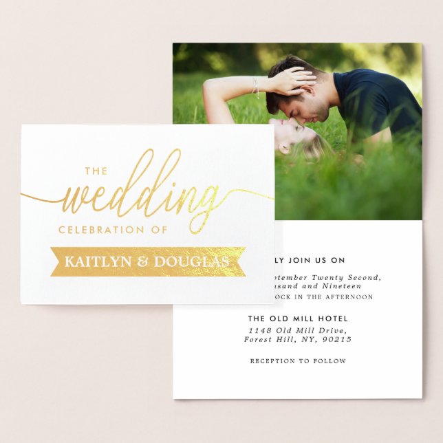 Modern REAL FOIL Script Wedding Invitation Gold (Display)