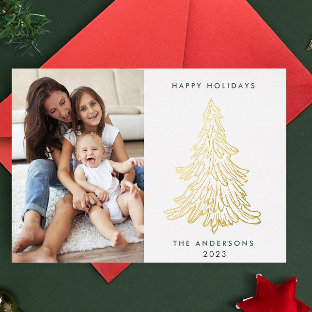 Modern Real Gold Christmas Tree | Photo Happy Foil Holiday Card (Creator Uploaded)
