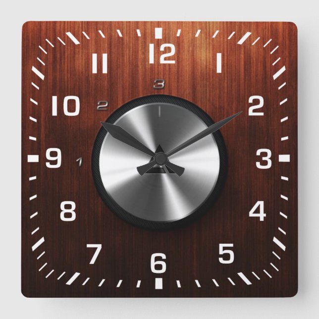 Modern Realistic Shiny Steel and Wood Texture Square Wall Clock (Front)