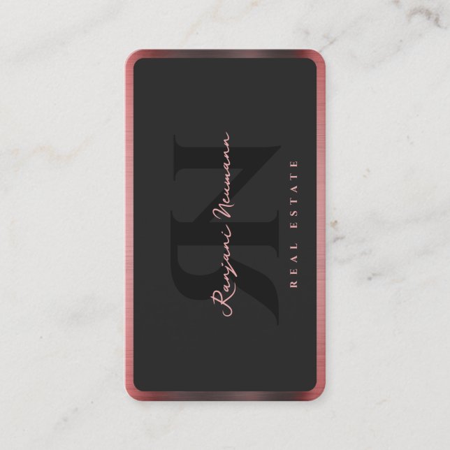 Modern Realtor Elegant Black Rose Gold Border Business Card (Front)