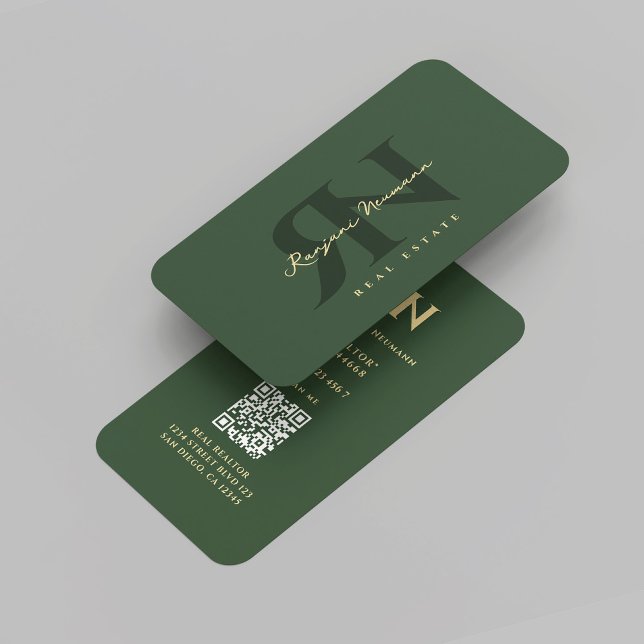 Modern Realtor Monogram R N Dark Sage Green Business Card (Modern Realtor Monogram R N Dark Sage Real Estate Agent Professional Marketing QR Business Card
)