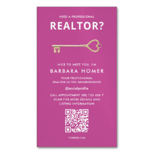Modern Realtor Real Estate Agent Pink QR Magnetic Business Card