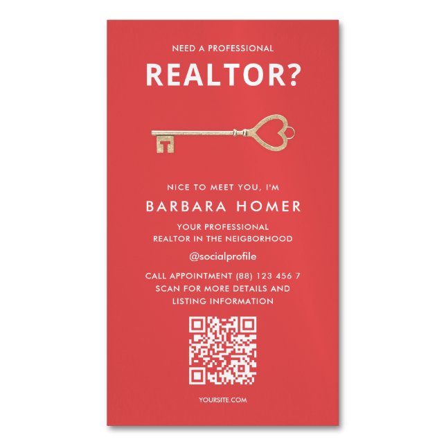 Modern Realtor Real Estate Agent QR Red Magnetic Business Card (Front Vertical)