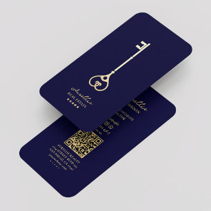 Modern Realtor Royal Blue Gold Key Elegant Broker Business Card