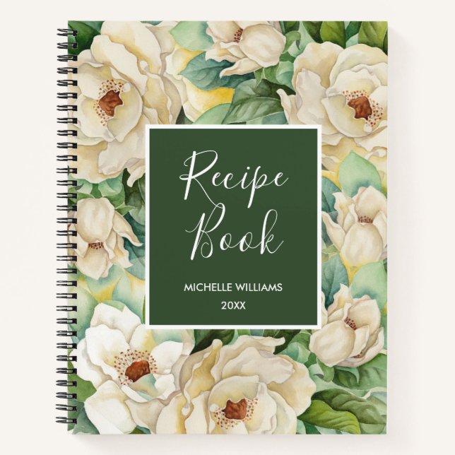 Modern Recipe Book Magnolia Green Floral Name (Front)
