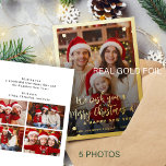 Modern red 5 photo collage Merry Christmas Foil Holiday Card<br><div class="desc">Simple minimal stylish five custom family photos "Merry Christmas and A Happy New Year" (changeable) typography script text overlay Christmas holiday card template with a real gold foil frame and snowflakes. Easy to personalize with your pictures, text, name signature, and wishes on both sides! Please note that the foil colour...</div>