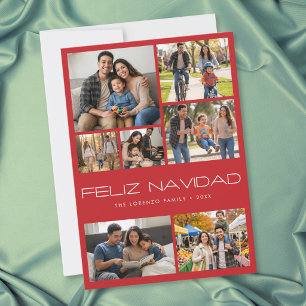 Modern Red 7 Photo Collage Feliz Navidad Holiday Card