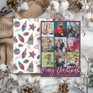 Modern Red 9 Photo Merry Christmas Bauble Pattern  Holiday Card
